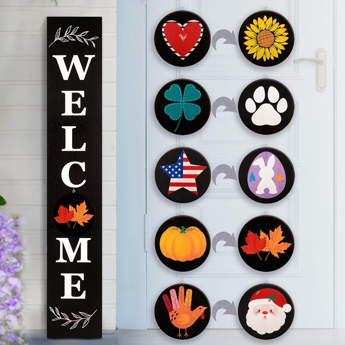 Perfnique Welcome sign for front porch standing, 47 x 7.9 Inch Wooden Leaner Sign with 10 Interchangeable Designed Icons, Seasonal Decor for Spring Easter Fall Christmas(Black) | 47 x 7.9 Inch, Wooden Leaner Sign, 10 Interchangeable Designed Icons, Seasonal Decor for Spring Easter Fall Christmas