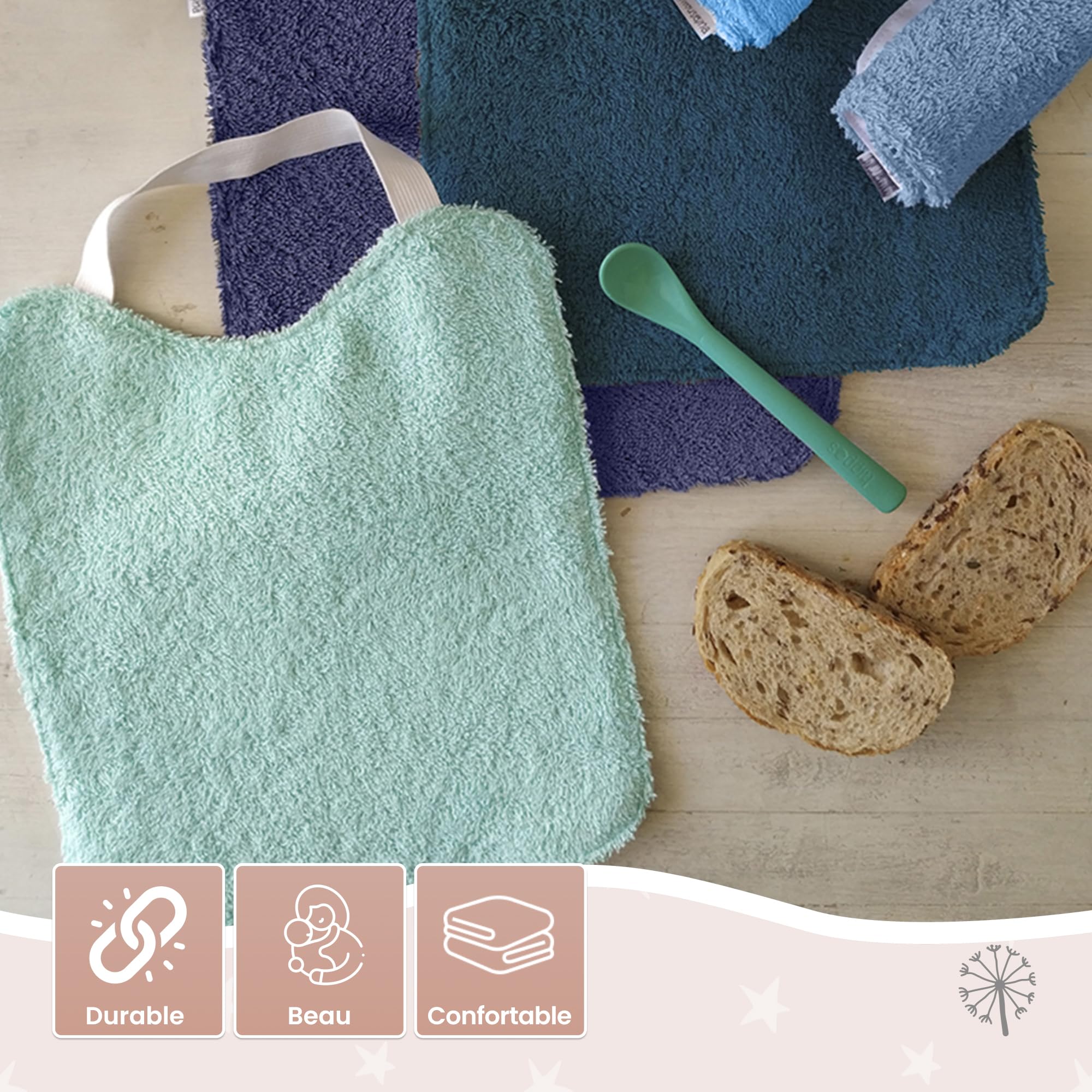 MIMUSELINA Lot de 5 Bavoirs Bebe Imperméables Réutilisables en Coton Premium avec Élastique au Cou | grand Bavoir Enfant BLW en Éponge Imperméable | Puericulture Bébé | Fabriqué à la Main en Espagne