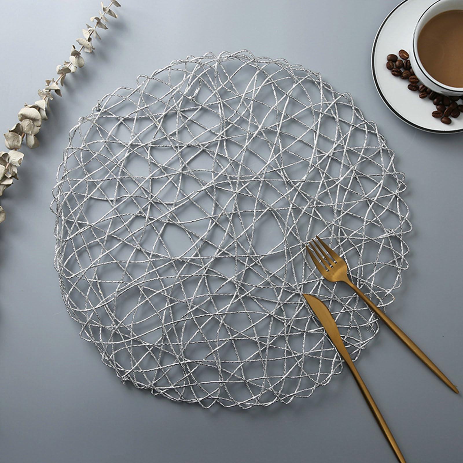 Juego de 10 manteles individuales de mesa, mantel lavable de PVC redondo, tejido circular, hueco, antideslizante, resistente al calor, plata, 38 cm