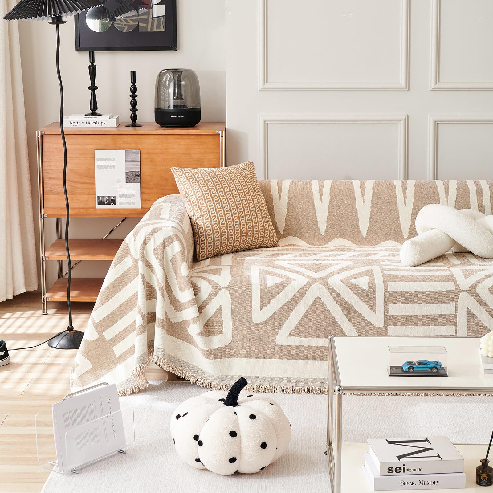 VClife Boho Couch Cover for 3-4 Cushion Couch Sofa Cover Thick Chenille Sectional Sofa Cover for Dog Modern Beige Khaki Cream White Plaid Triangle Sofa Slipcover Loveseat Cover Futon Covers 91''x150''