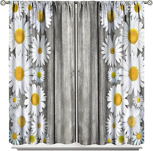 Miniatura 36 de Cortinas rústicas de cocina de granja, margaritas florales de granja de primavera, cortinas opacas de madera retro con bolsillo para barra, cortinas