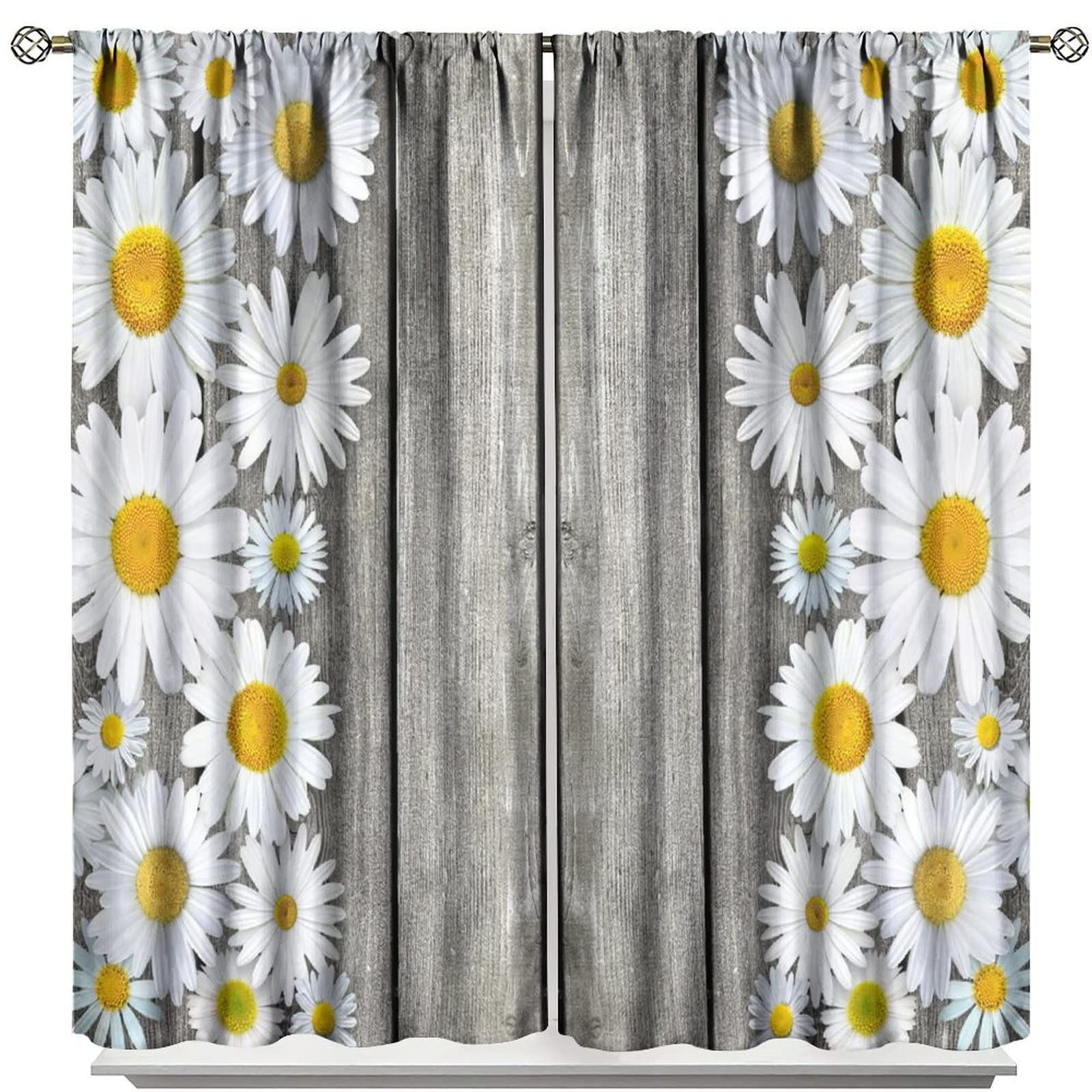 Rustic Farmhouse Kitchen Curtains,Spring Farm Daisy Floral Flowers Retro Country Wooden Blackout Rod Pocket Window Drapes for Living Room Bedroom Bathroom Home Decor W63xL72in