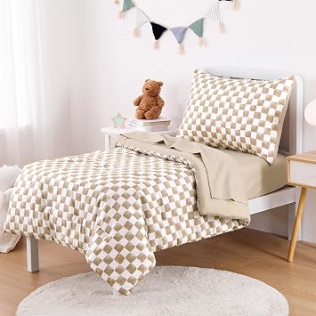 Wake In Cloud - Toddler Bedding Set for Boys Girls, Cute Gingham Grid Checkered, 4 Pieces Soft Crib Bed Set Including Comforter, Sheets and Pillowcase, Brown White