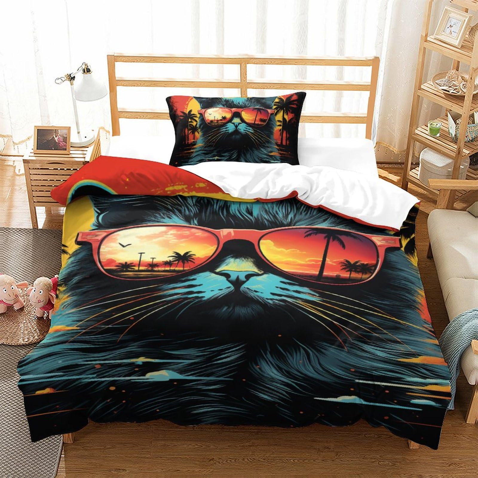 Housse de couette chat 3D lit simple 135x200cm microfibre taie oreiller enfant ado