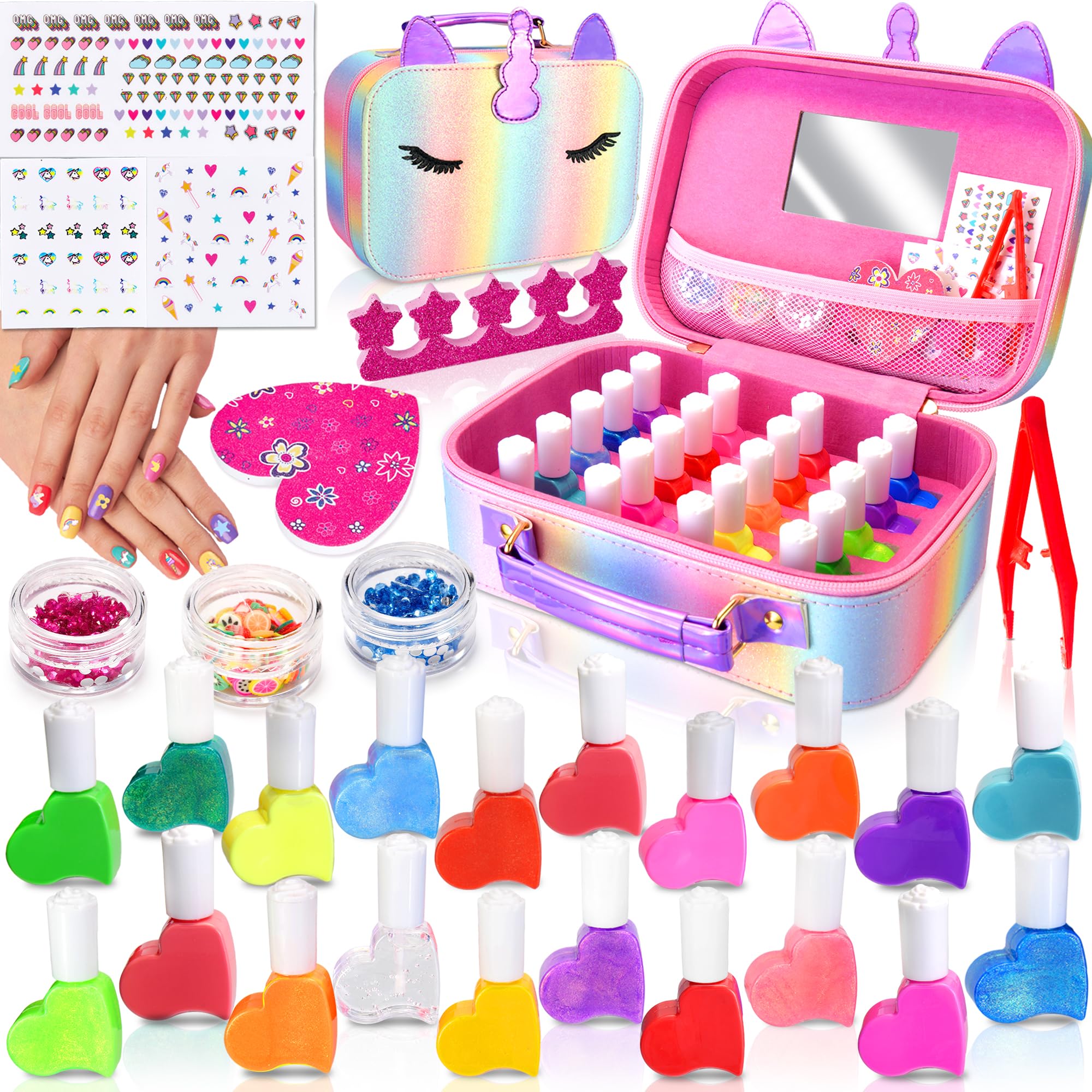 Lubibi Unicornio Juego de Esmalte de uñas para Niñas, Set de Esmalte de Uña Infantil, Juguete de Maquillaje Cosméticos Lavables, Kit de Manicura ,Regalo de cumpleaños Princesa Niñas con Maleta