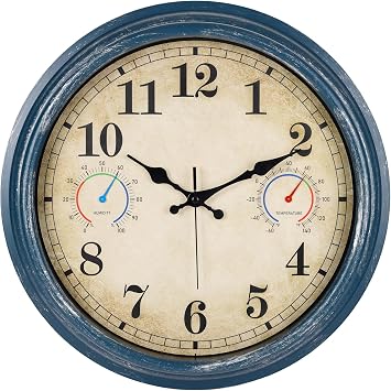 Large Outdoor Clock with Thermometer & Hygrometer Combo, 16 Inch Vintage Blue Coastal Decor Waterproof Indoor Outdoor Wall Clocks for Patio, Pool, Garden, Backyard