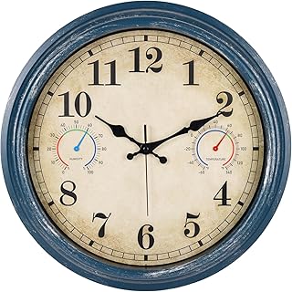 Large Outdoor Clock with Thermometer & Hygrometer Combo, 16 Inch Vintage Blue Coastal Decor Waterproof Indoor Outdoor Wall Clocks for Patio, Pool, Garden, Backyard