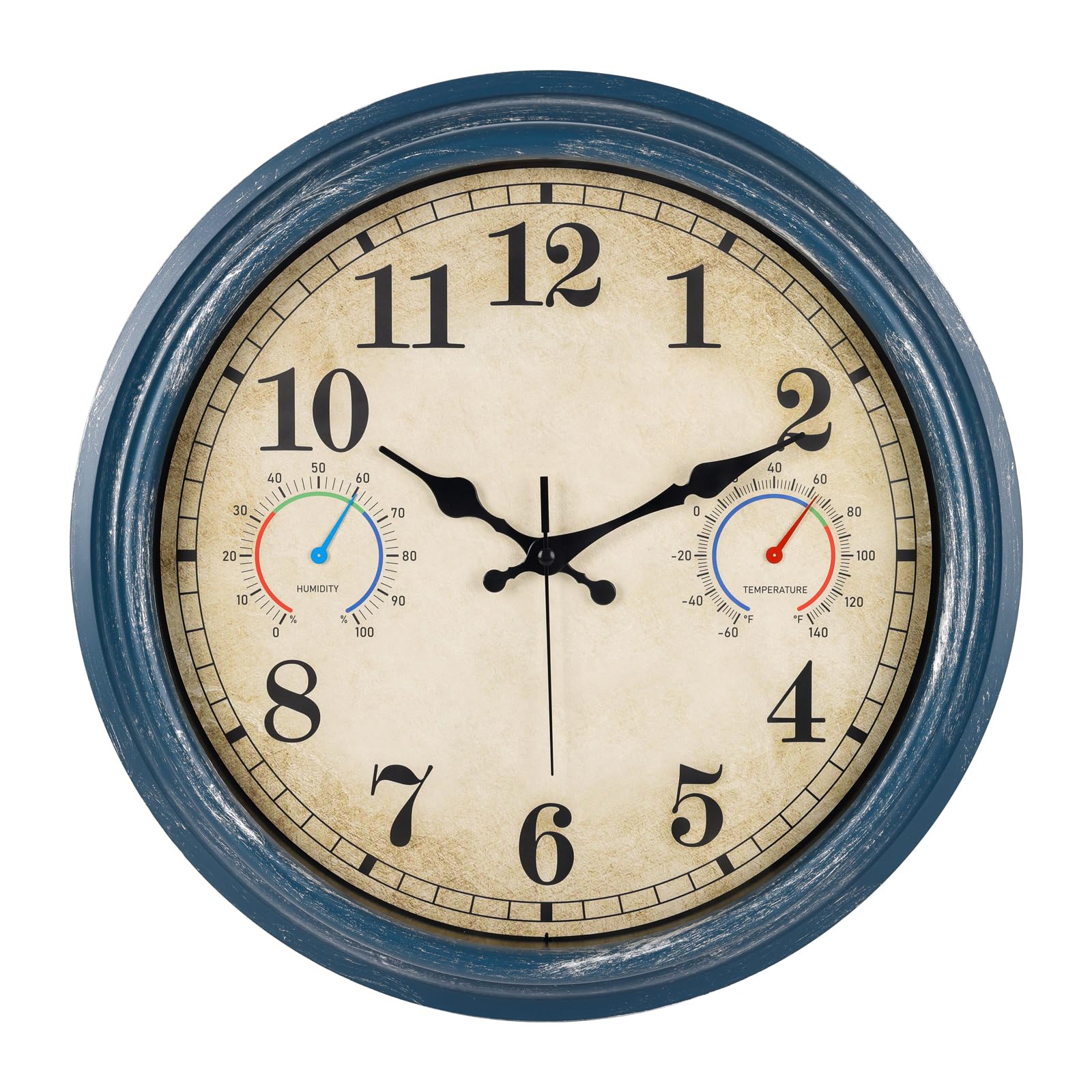 16 Inch Large Outdoor Clock with Thermometer and Hygrometer Combo, Waterproof Rustic Vintage Indoor Outdoor Wall Clocks for Patio, Pool, Garden Decor- Blue