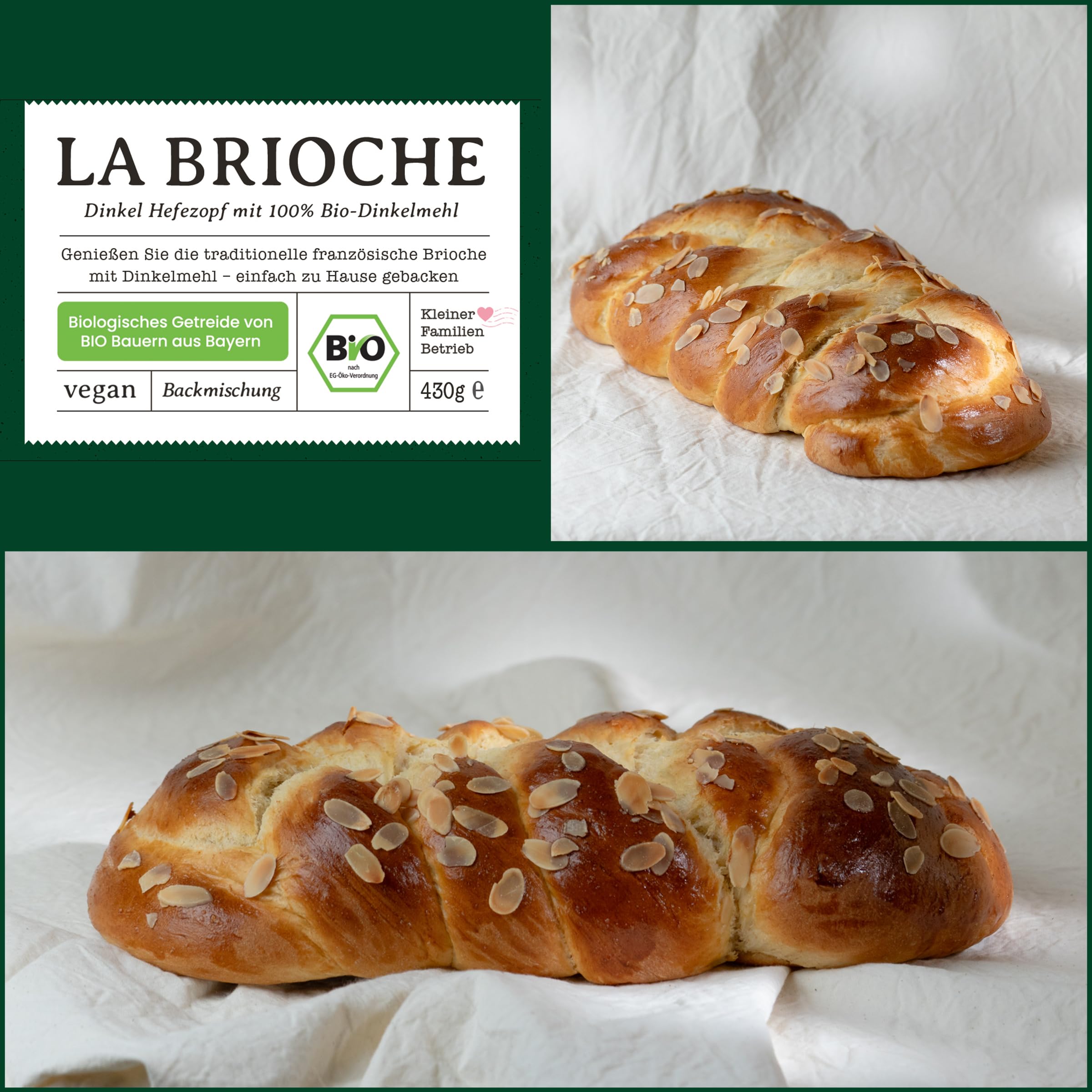 Bio Dinkel Brioche Backmischung – 100 % Dinkelmehl, ohne Weizen – für Zimtschnecken, Hefezopf, Osterzopf & süßes Hefegebäck – für Ofen & Brotbackautomat – Bake with Love – 10er Pack