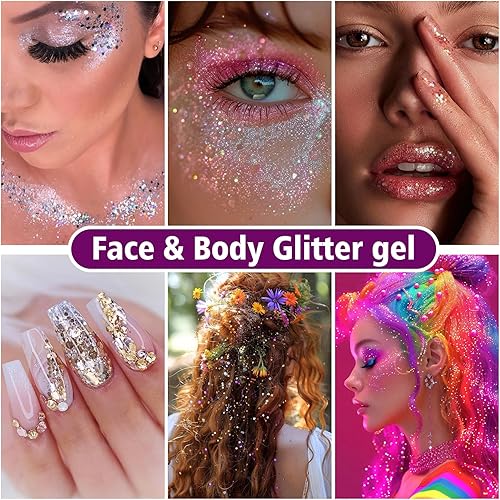 14 Colors Body Glitter,Face Glitter Makeup for Kids Women,Sparkly Chunky Hair Glitter for Eye Lip Nails,Mardi Gras Glitter Makeup Face Paint,Singer Concerts Disco Rave Festival Accessories-Christmas(10 Pack)
