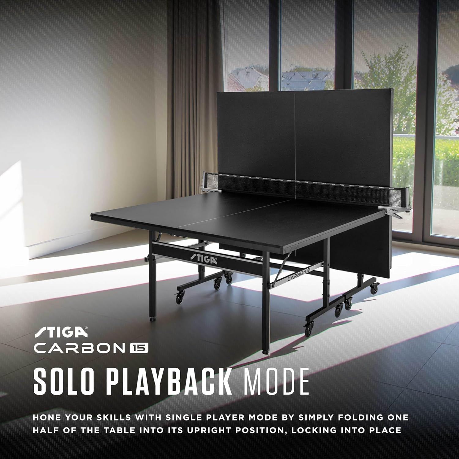 STIGA Carbon Series Indoor Table Tennis Table with 15mm - 18mm Performance Top, QuickPlay Assembly, Built-in Ball Storage, Foldable Playback Mode & Lockable Casters