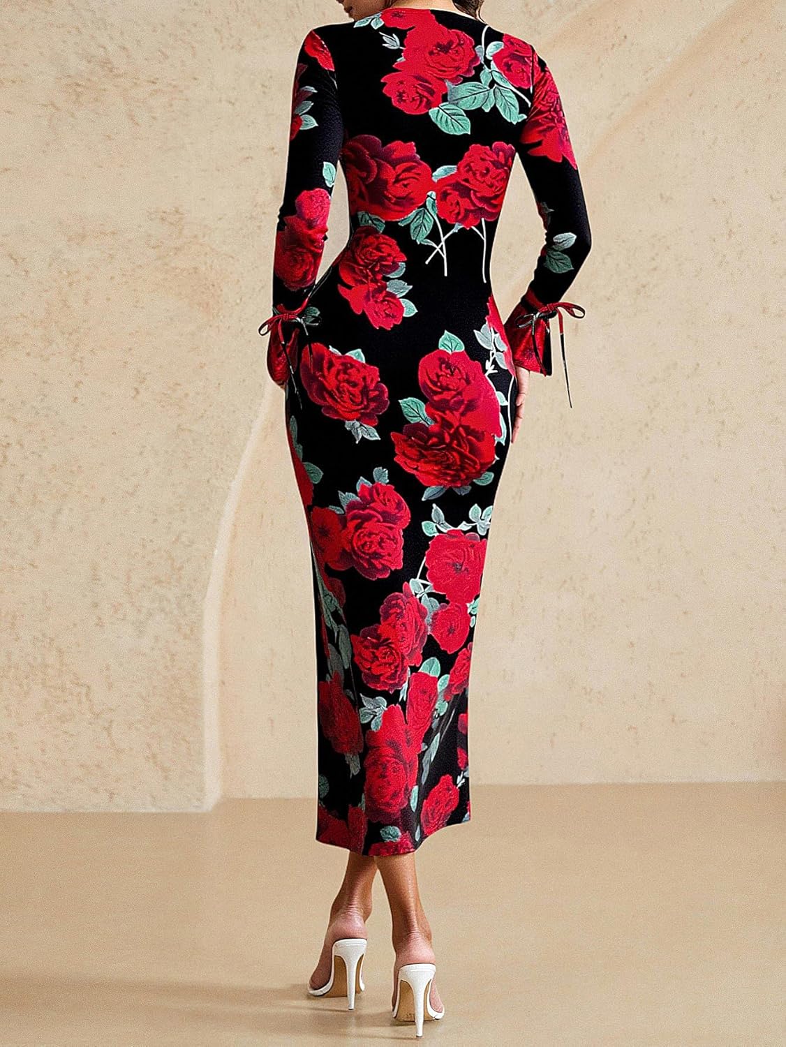 Women's Floral Print Cut Out Dress High Split Sweetheart Neckline Long Sleeve Party Dresses - Image 2