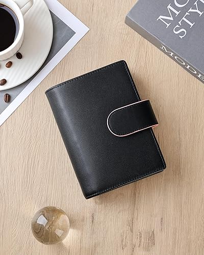 Miniatura 6 de Smartfee Organizador de bolsillo de cuero, carpeta de cuaderno de 6 anillos con Flyleaf, anillo dorado de 0.98 pulgadas, piel de napa (negro y rosa)