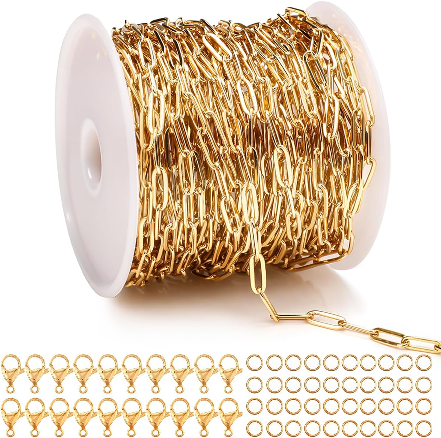 [33 Ft] Gold Chain for Jewelry Making, PVD Plated Charm Chains for Jewelry Making, 18K Gold Color Retention Paperclip Chain Roll with Lobster Clasps and Jump Rings (10M)