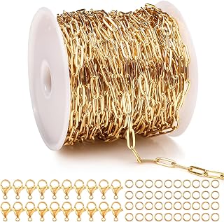 LinHomguy [33 Ft] Gold Chain for Jewelry Making, PVD Plated Charm Chains for Jewelry Making, 18K Gold Color Retention Paperclip Chain Roll with Lobster Clasps and Jump Rings (10M)