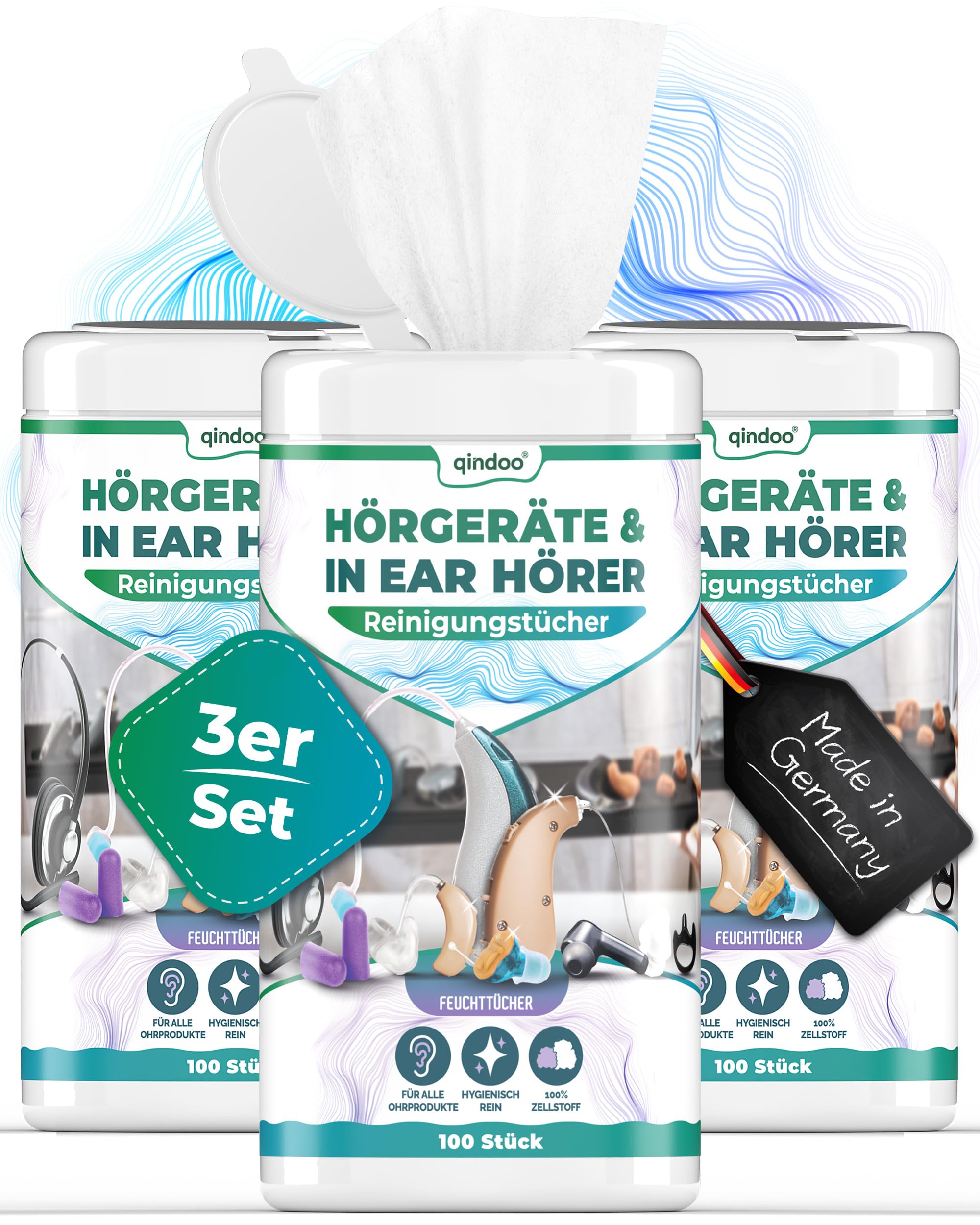 300x Reinigungstücher für Hörgeräte Reinigung für Kopfhörer, Headset, Ohrstöpsel In-Ear Reiniger Tuch, feucht (3x Dose)