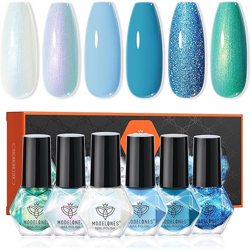 modelones Blue Nail Polish Set, 6 Colors White Green Glitter Pearl Mermaid Quick Dry Mini Starter Kit, Long Lasting Art DIY Manicure Set at Home for Women Girls