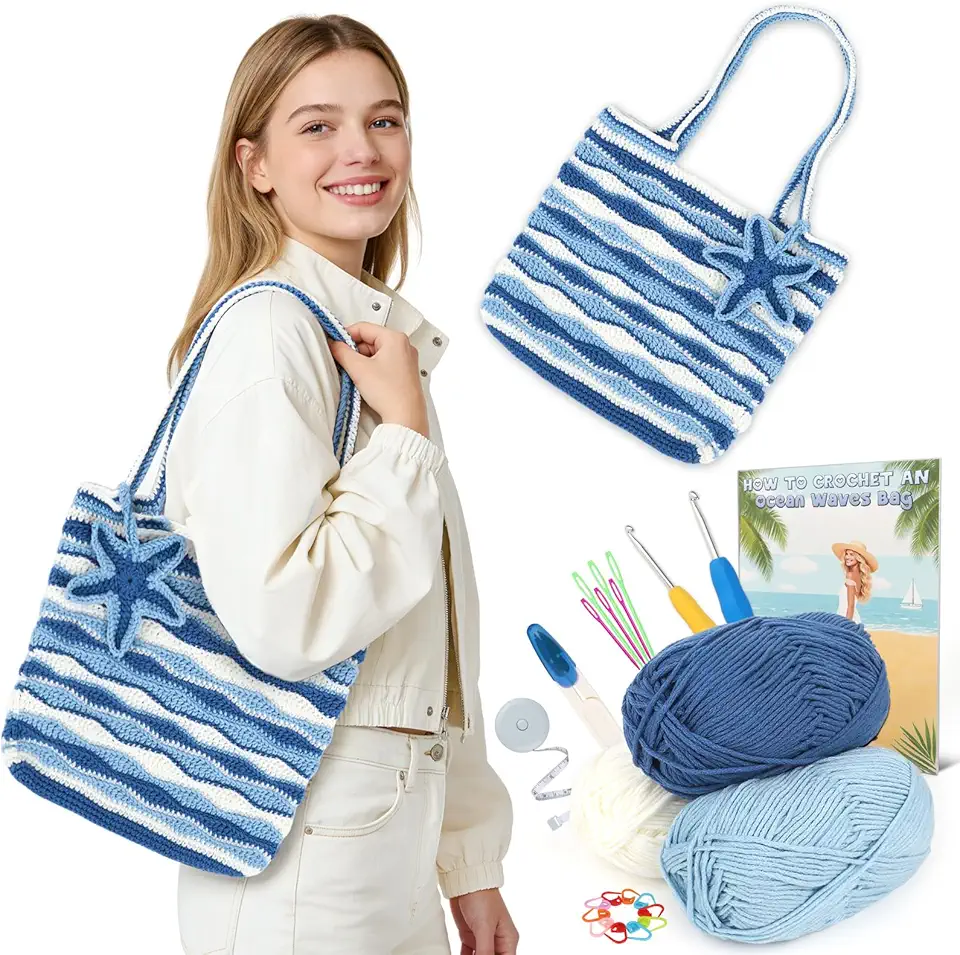 Reessy Kit de bolsa de crochê para iniciantes – Bolsa de ombro listrada azul e branca Kit DIY com fios, ganchos e ferramentas – Livro de instruções passo a passo + tutorial em vídeo QR – Bolsa de