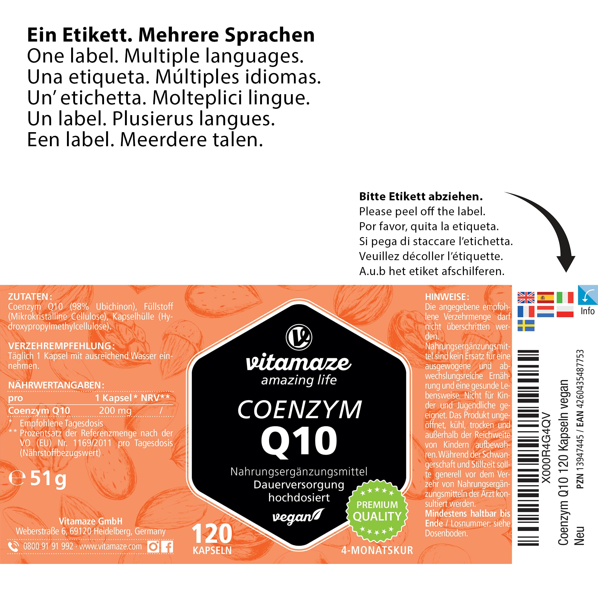Vitamaze® Coenzima Q10 200 mg per Capsula Vegano, 120 Capsule per 4 Mesi, Ubichinone con la Migliore Biodisponibilità, Integratore Alimentare senza Additivi non Necessari, Qualità Tedesca…