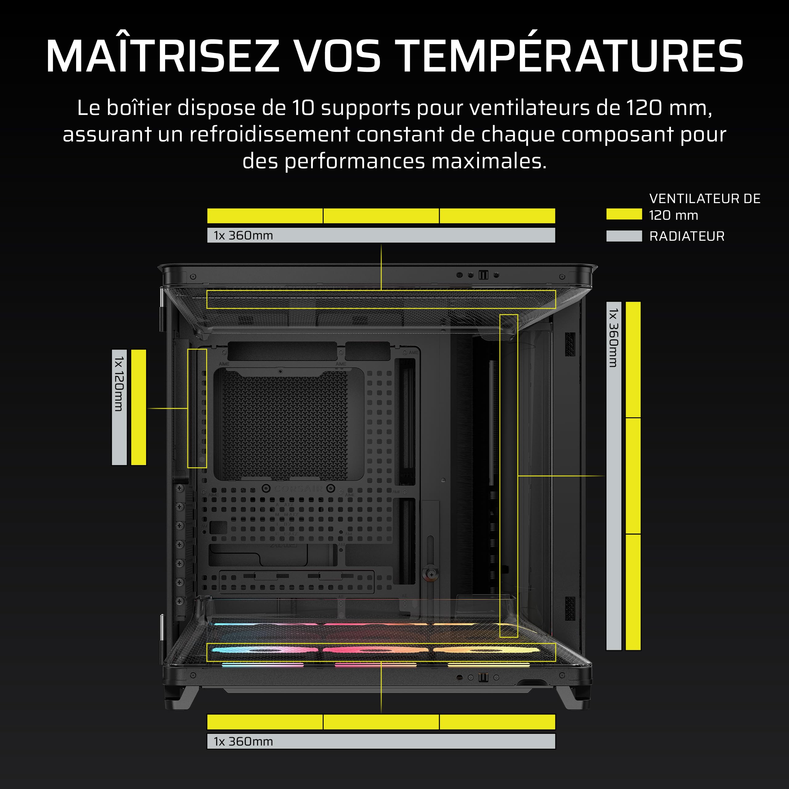 CORSAIR AIR 5400 LX-R RGB iCUE Link Boîtier PC Triple Chambre – Noir | 3x Ventilateurs RGB LX-R Inclus, Panoramique, Chambre Isolée pour AIO 360mm, Compatible Mères À Connexion Inversée