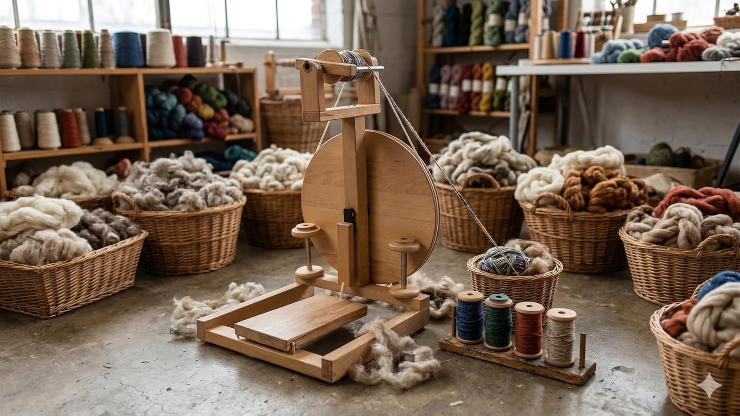 Craftana Handmade Wooden Spinning Wheel with 3 Bobbins for Yarn