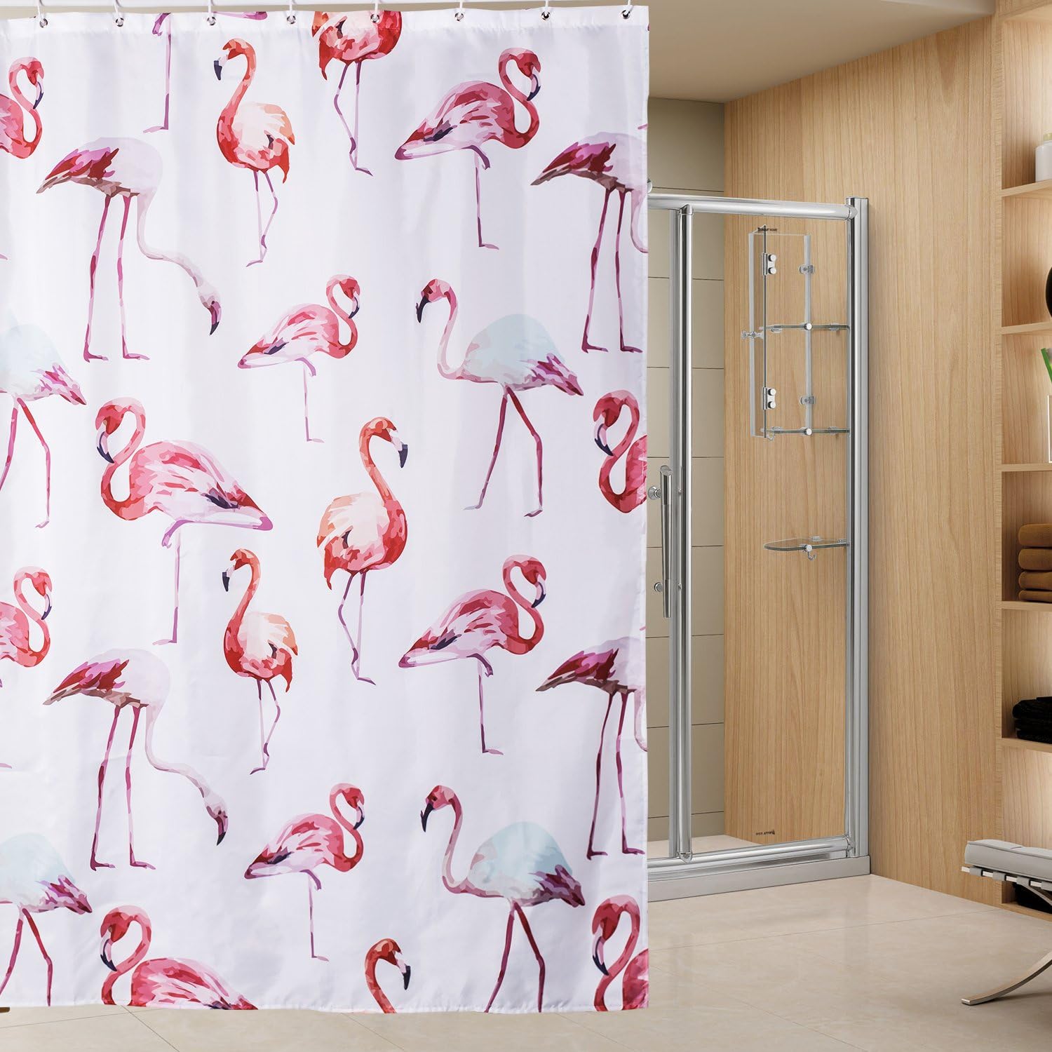 white shower curtain, pink flamingo pattern shower curtains mould proof resistant，waterproof 180*180CM