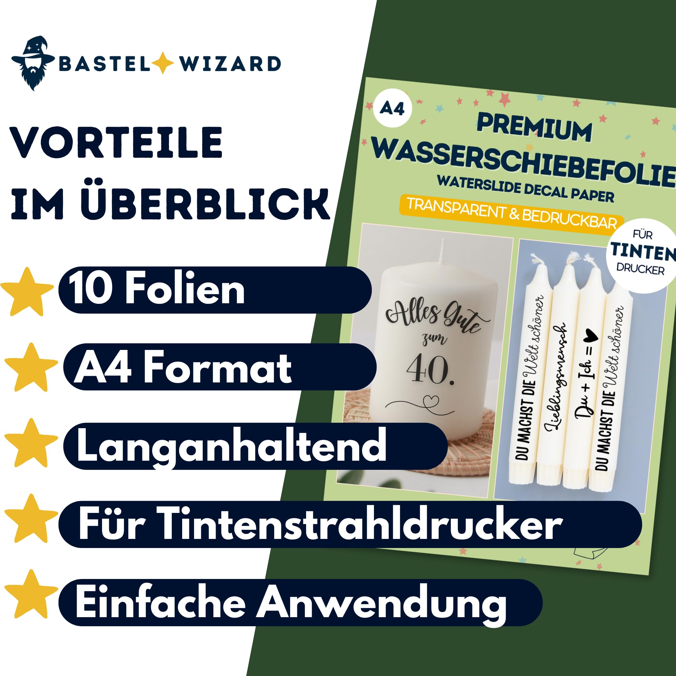 Premium Wasserschiebefolie Transparent – 10 Blatt A4 – Für Tintenstrahldrucker – Perfekt für Kerzentattoos & DIY – Inkjet Folie für Kerzen, Glas, Holz & mehr