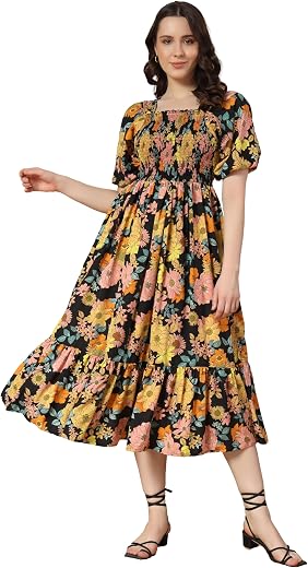 KZULLY | Floral Print Midi Dress | Beautiful Floral Design | Ideal for Casual, Work Fit &amp; Comfortable Elastic &amp; Fabric | S...