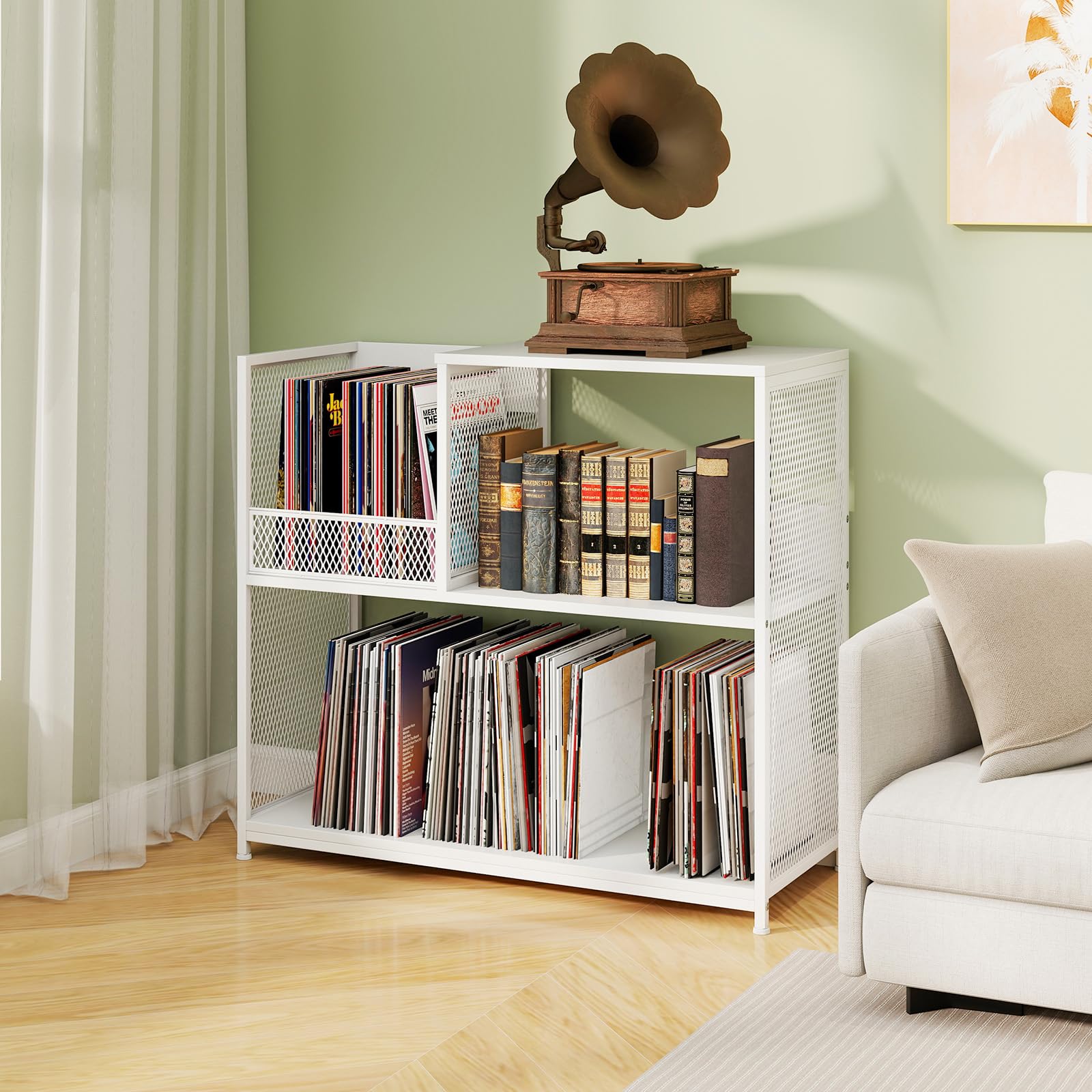 GIANTEX Supporto per giradischi a 3 livelli, espositore a disco in vinile per 300 album, 3 divisori rimovibili, organizer per album, telaio in metallo, libreria per soggiorno, studio, ufficio (bianco)