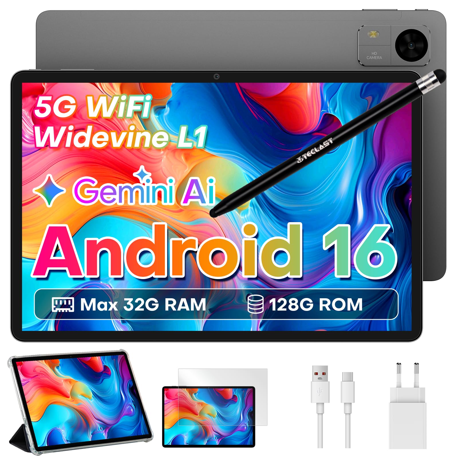 TECLAST M50T Tablet 10 Pollici Android 16 Gemini AI, 32GB RAM+128GB ROM(4TB TF) WiFi 6, BT 5.4, 7000mAh, Octa-Core, 13MP+5MP, Widevine L1, GMS, con Custodia+Penna