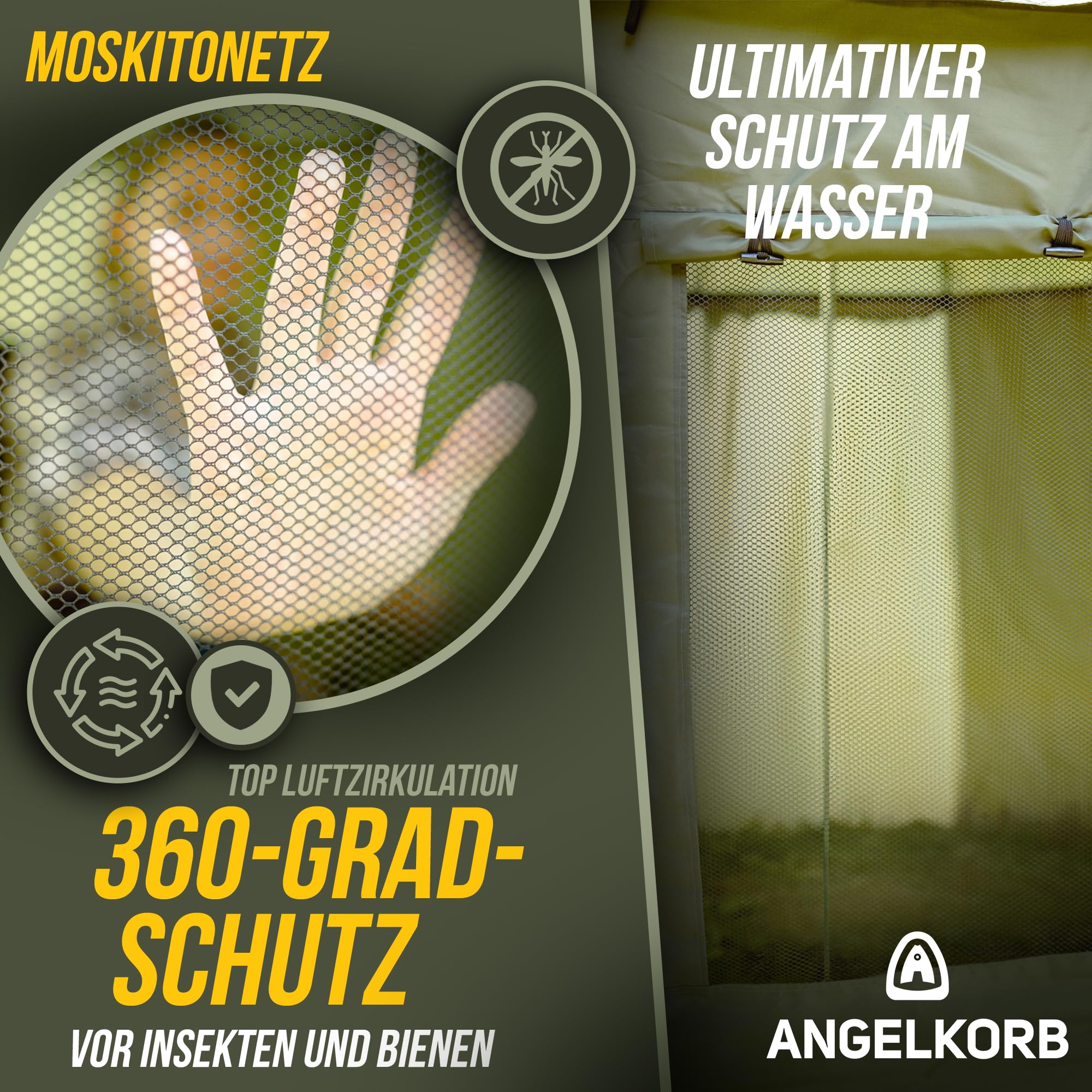 Angelschirm mit Seitenwand 2,50 m – Angel Sonnenschirm & Schirmzelt, wasserabweisend, Moskitoschutz, 45° neigbar – Karpfenzelt für Camping & Outdoor