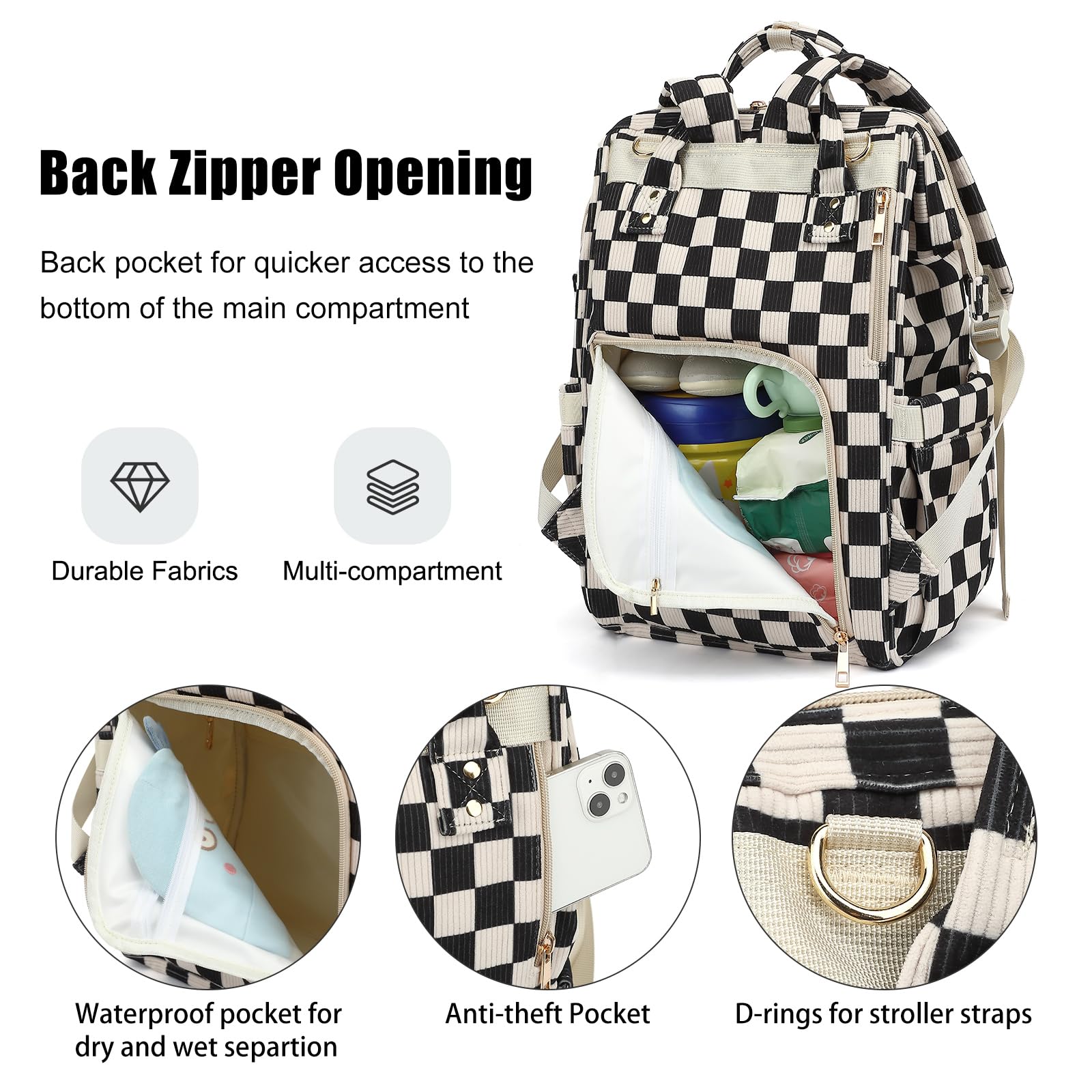 Zaino fasciatoio per mamma, grande capacità, da viaggio, per bambini e bambine, con cinghie per passeggino, velluto a coste, a quadretti, nero, L, Casual