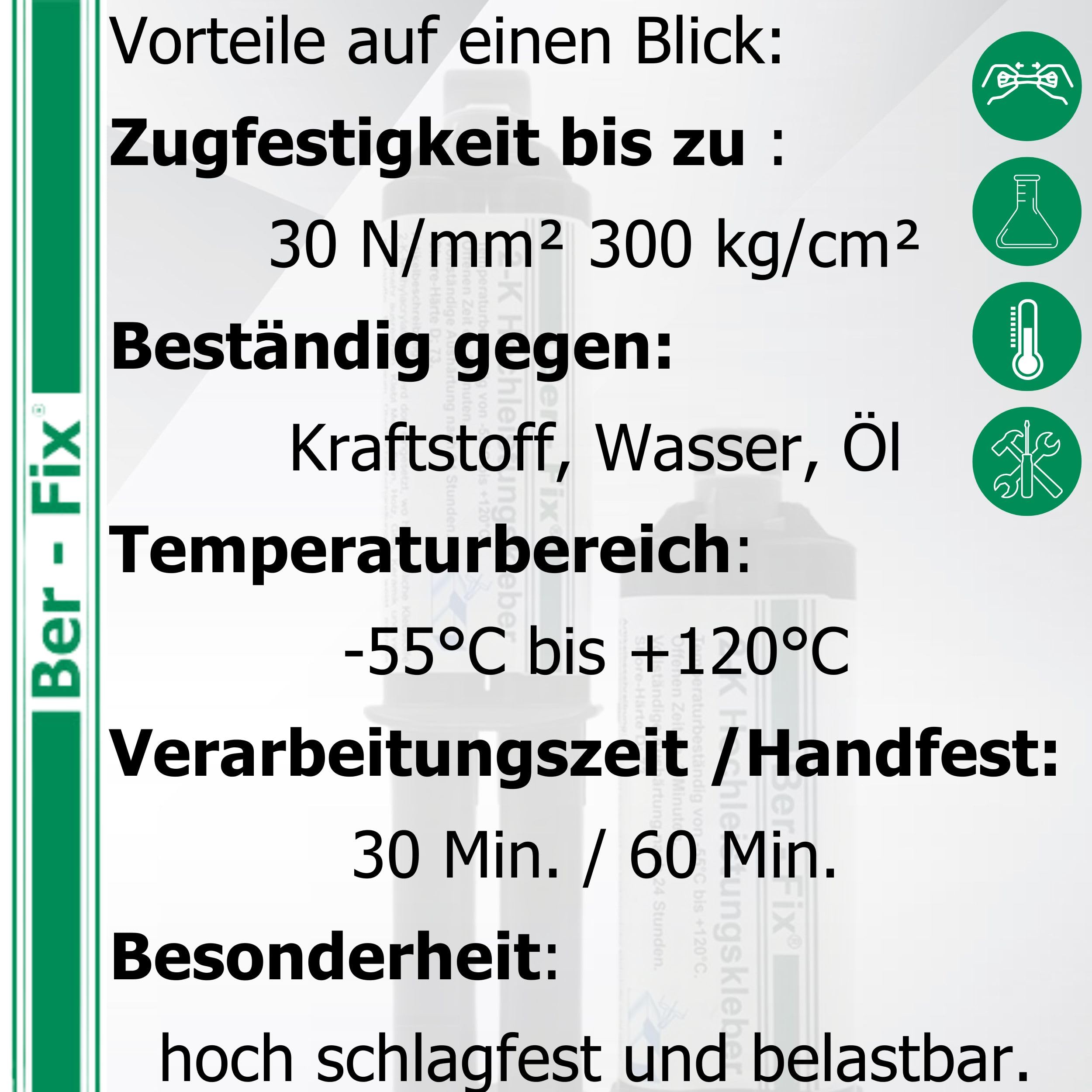 Ber-Fix Hochleistungskleber 2K MMA 30 Min 50g + 11 Düsen + Pistole | Hochleistungskleber 30 Min mit Dosierpistole und Mischdüsen für strukturstarke Reparaturen an Kunststoff