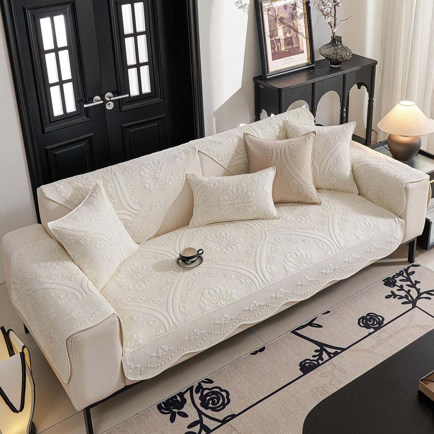 vctops Cotton Quilted Couch Cover Farmhouse Counrty Floral Embroidered Sofa Cover Non Slip Soft Scalloped Sofa Slipcover Washable Furniture Protector for Dog Pet Cat (Cream,36"x36")