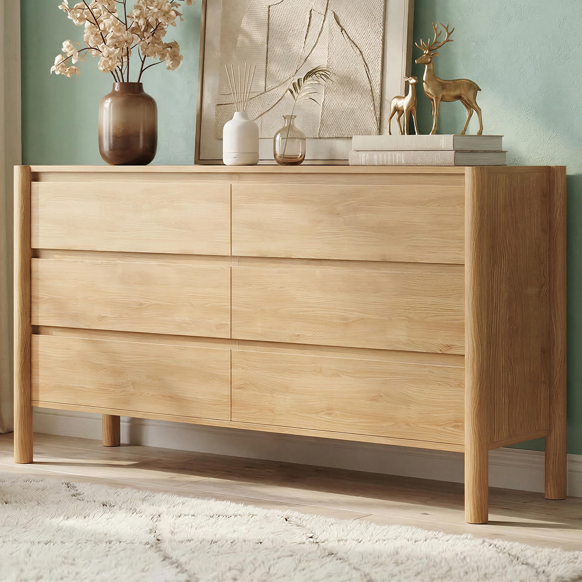 CHUWELL 47.2' Wide Oak 6 Drawer Dresser for Bedroom with Solid Wood Legs