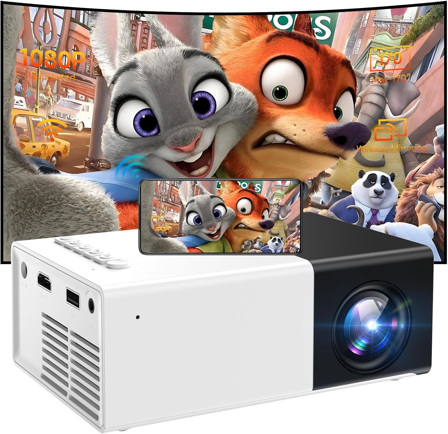 Mini Projector, iTJQ Portable Projector 1080P Supported for Indoor Outdoor Movies, Phone Projector Compatible with iOS/ Android, Laptop, TV Stick/ PS5, USB/HDMI/Type-C