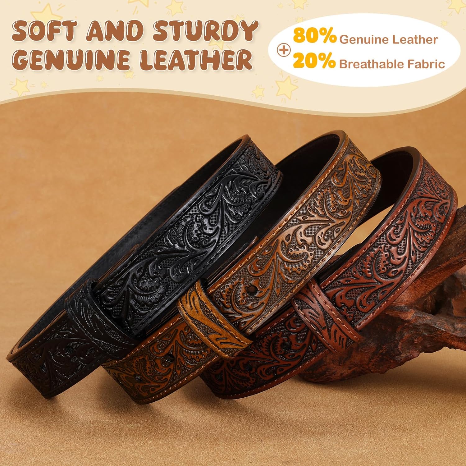 SANSTHS Kids Western Belt for Boys Girls Genuine Leather Cowboy Cowgirl Belts with Detachable Buckle for Jeans Western Gifts - Image 4