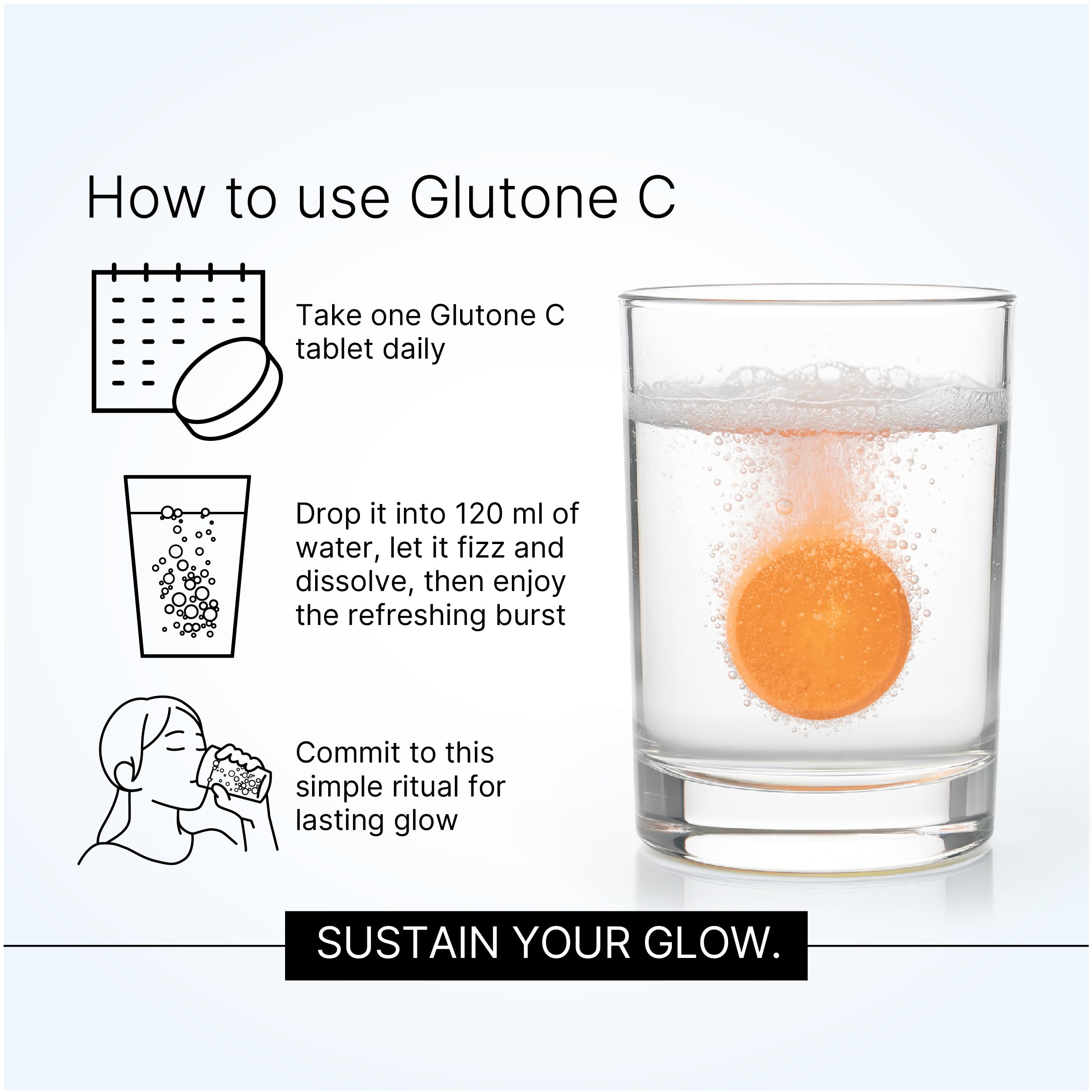 Glutone-C Daily Glow Effervescent Tablets | 500mg Setria L-Glutathione, Vitamin C from Amla Extract & Selenium | Refreshing Daily Glow Support Drink | Orange Flavour | 15 Tablets (Pack of 2) — Amazon image 4