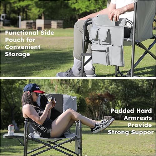 Miniatura 7 de Juego de 2 sillas de campamento de gran tamaño, soporta 600 libras, sillas plegables resistentes para exteriores con bolsillo lateral desmontable y