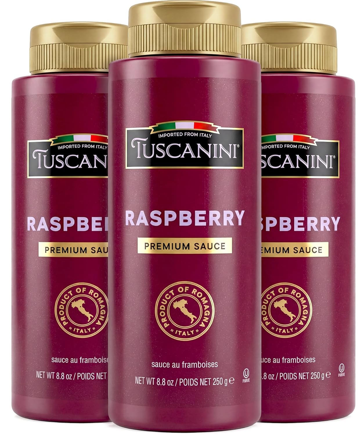 Tuscanini Italian Premium Raspberry Sauce, 10.6 oz (3 Pack) | Made in Italy | Gourmet Fruit Syrup for Cheesecake, Plating, Cocktails & Mocktails | Squeeze Bottle | Natural Colors