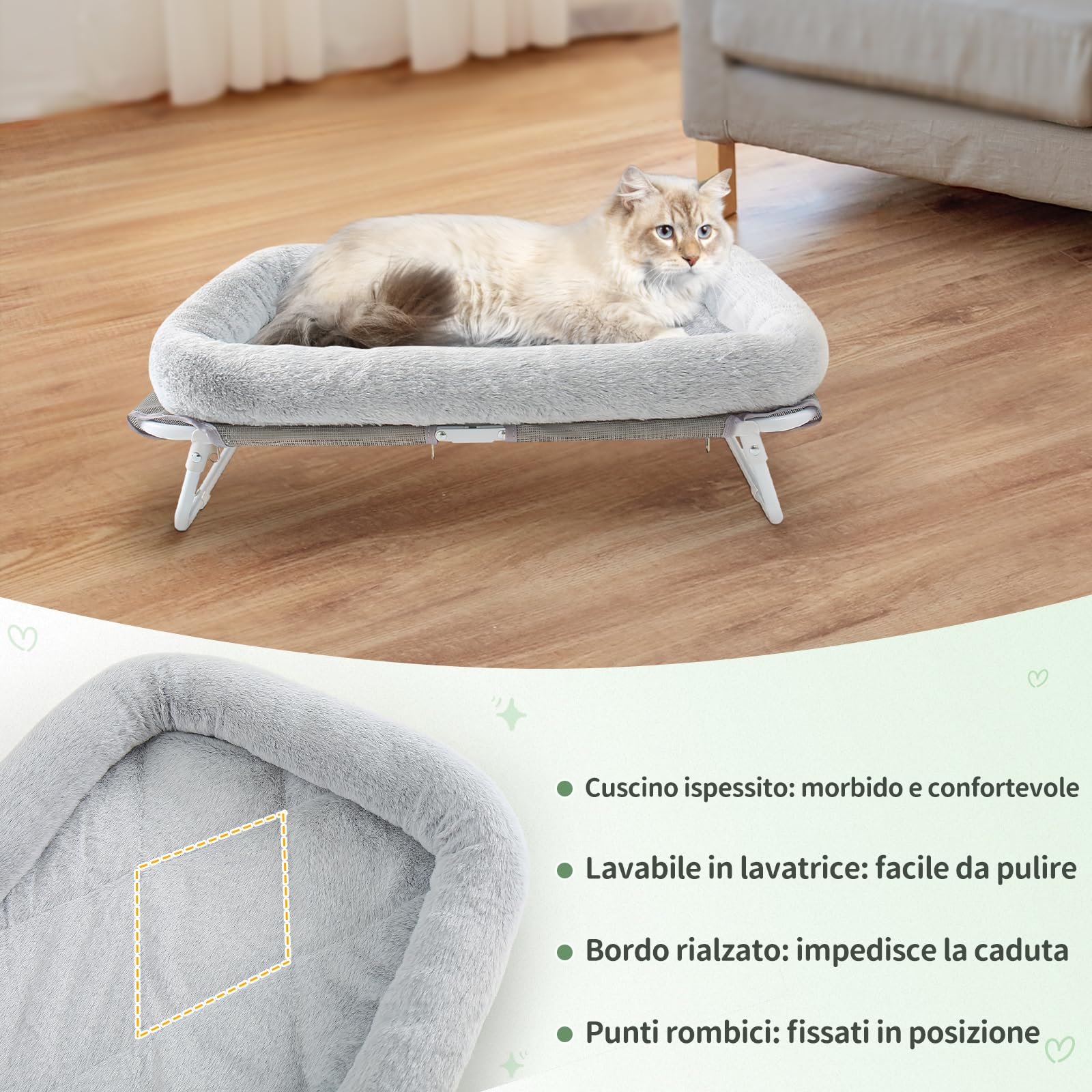 GUUSII HOME Amaca Per Gatti Lettino Gatto Elevato Cuccia Rialzata per Gatti e Cani di Piccola Taglia Animali Pavimento Amaca Gatto Sdraio per Interni Esterni Divanetto Patti 64X40X19cm(Grigio)
