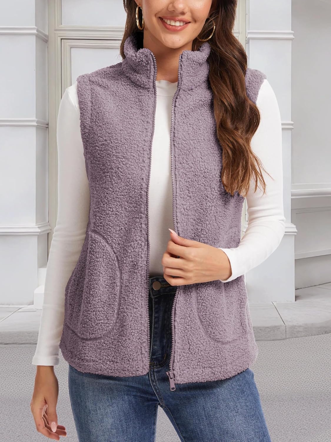 SMENG Women's Fleece Vest Sherpa Zip Up Sleeveless Outerwear Warm Fuzzy Jacket with Pockets Winter