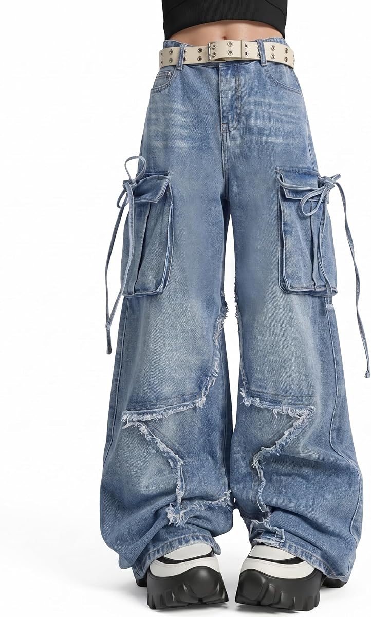 Women's Baggy Jeans Star Cargo Elastic Waist Boyfriend Denim Pants