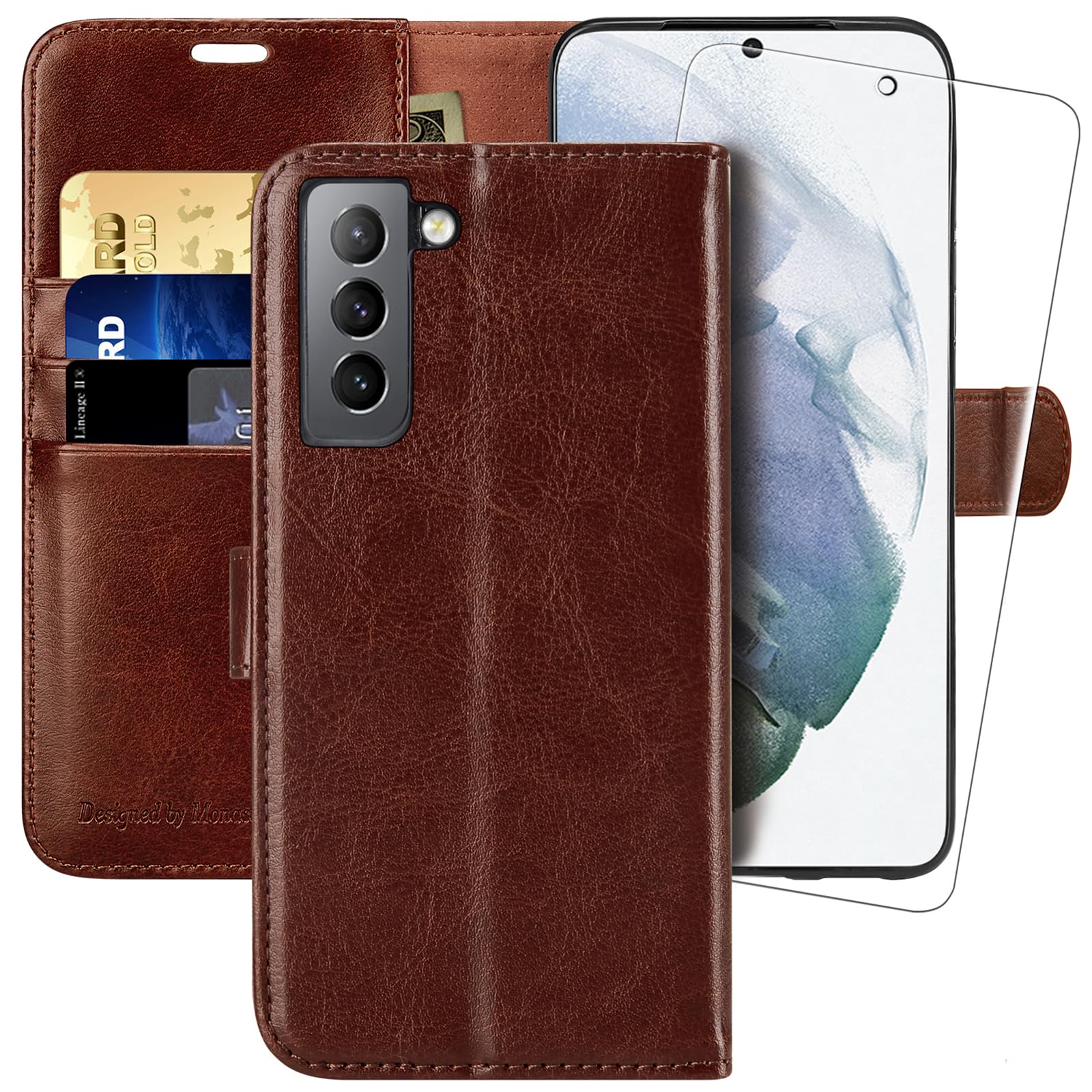MONASAY Wallet Case Compatible for Galaxy S22+Plus 5G, 6.6 inch [Included Screen Protector][RFID Blocking] Flip Folio Leather Cell Phone Cover with Credit Card Holder, Brown