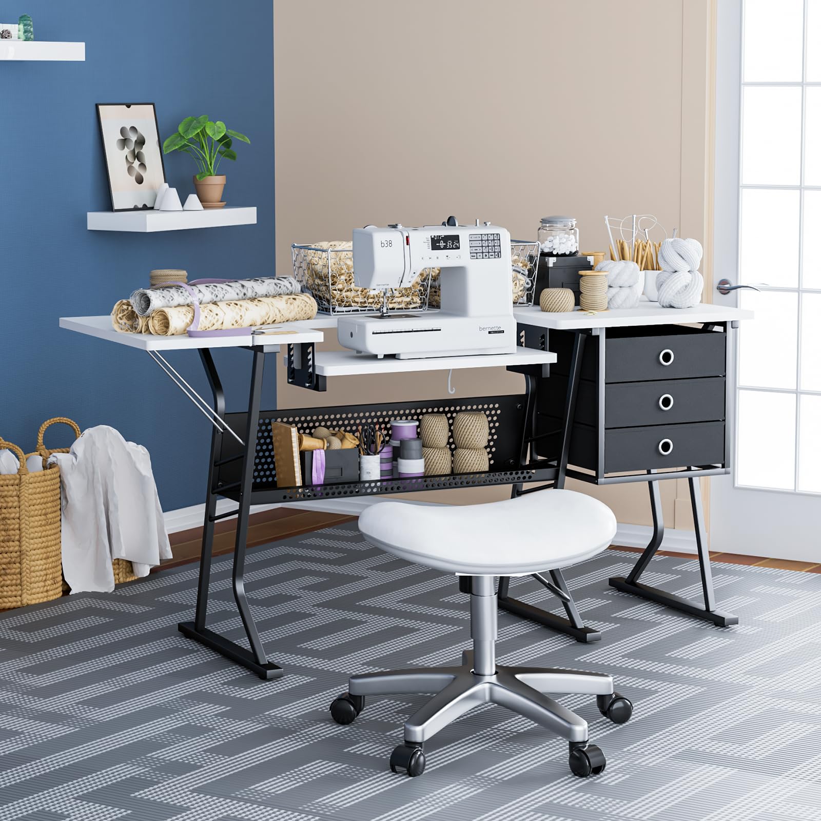 Magshion 60" Sewing Machine Table with Storage, Heavy-Duty Sewing Desk with Adjustable Shelf, 3 Drawers and Open Grid Shelf, Multi-Use Sewing Cabinet & Craft Table, 180-Lb Capacity, Black/White