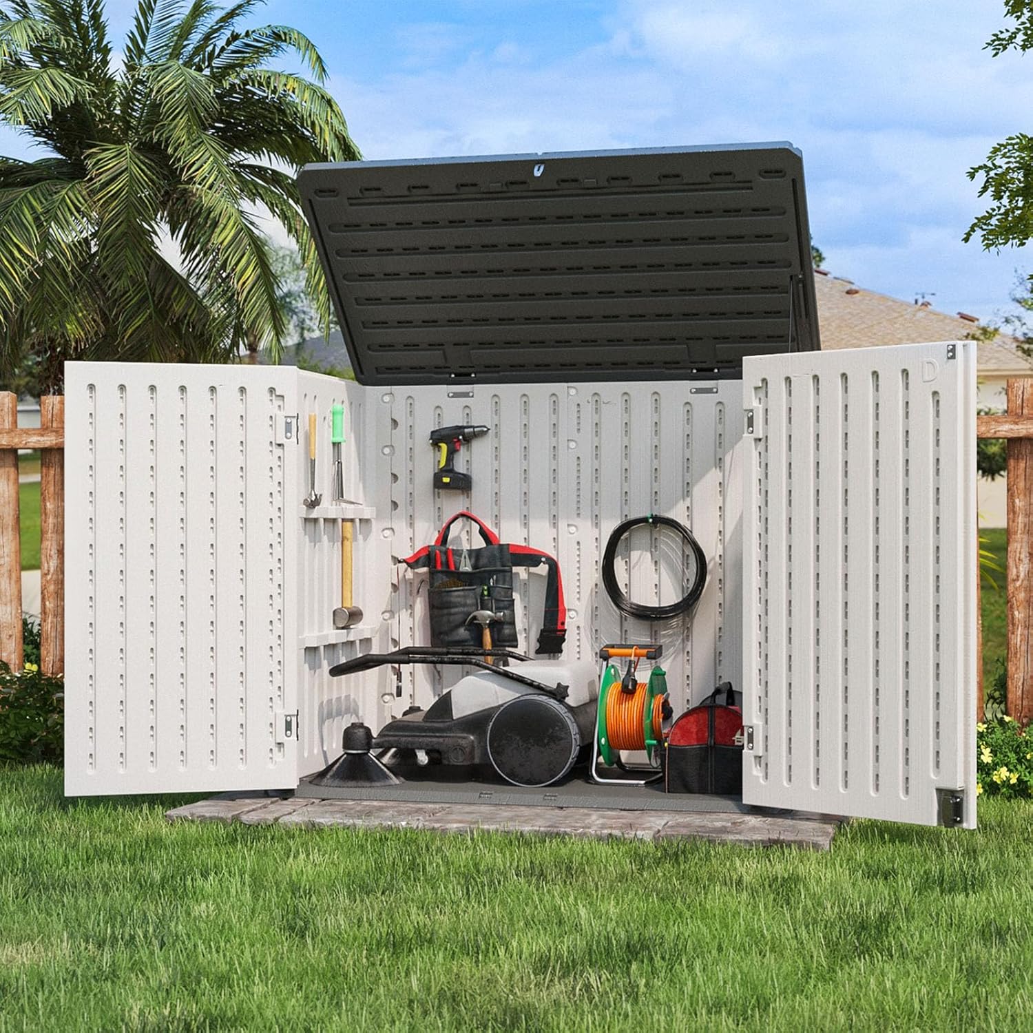 Patiowell 5 x 3 FT Plastic Outdoor Storage Shed, Resin Waterproof Cabinet with Stable Roof and Lockable Doors for Patio Furniture, Pool Accessories and Tools, Dark Grey Patiowell 5 x 3 FT Plastic Outdoor Storage Shed, Resin Waterproof Cabinet with Stable Roof and Lockable Doors for Patio Furniture, Pool Accessories and Tools, Dark Grey