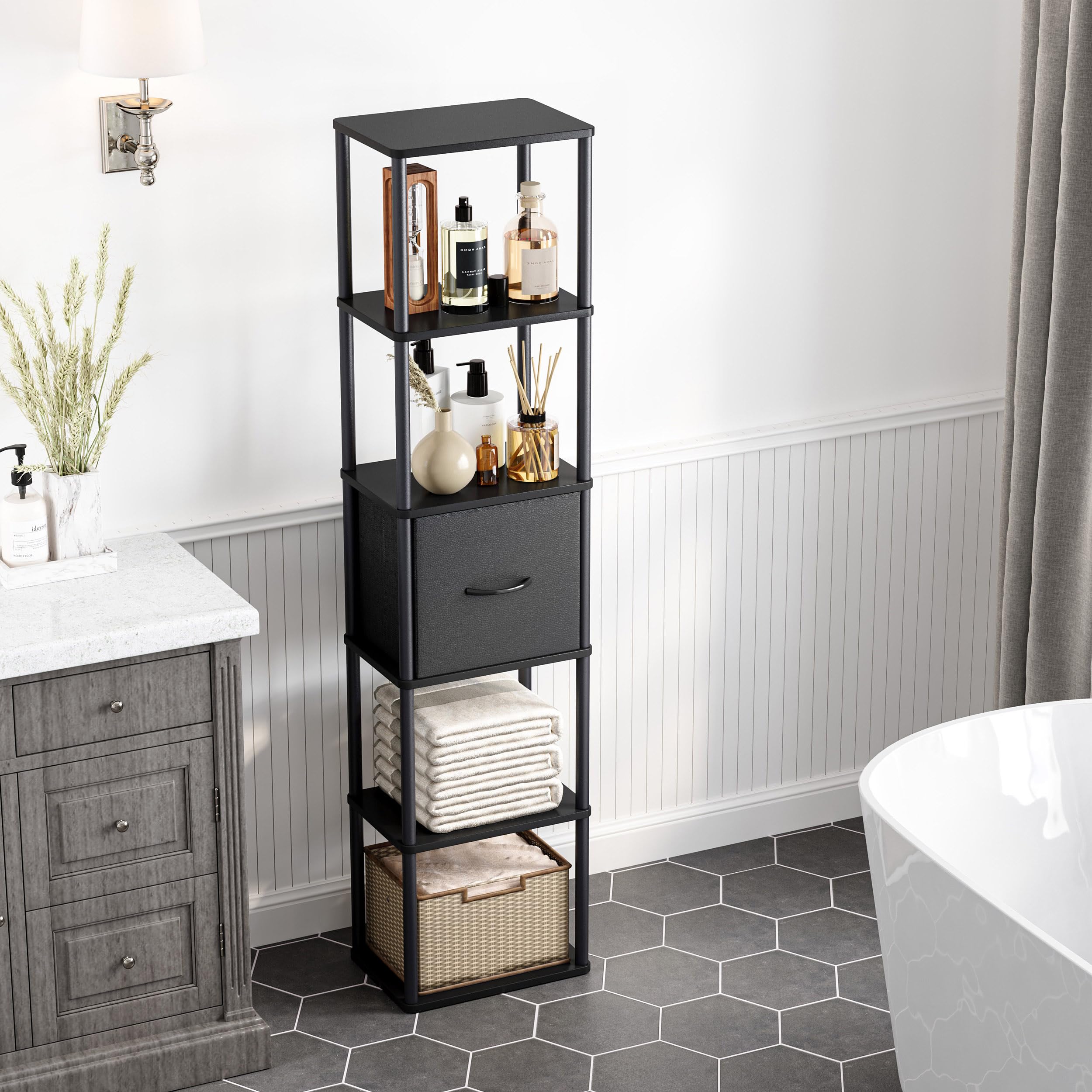 Libreria Angolare a 6 Ripiani Scaffale Salvaspazio Verticale con Struttura in Metallo e Legno Scaffale Libreria con 1 Cassetto per Soggiorno, Camera da Letto e Ufficio Nero HBC505B