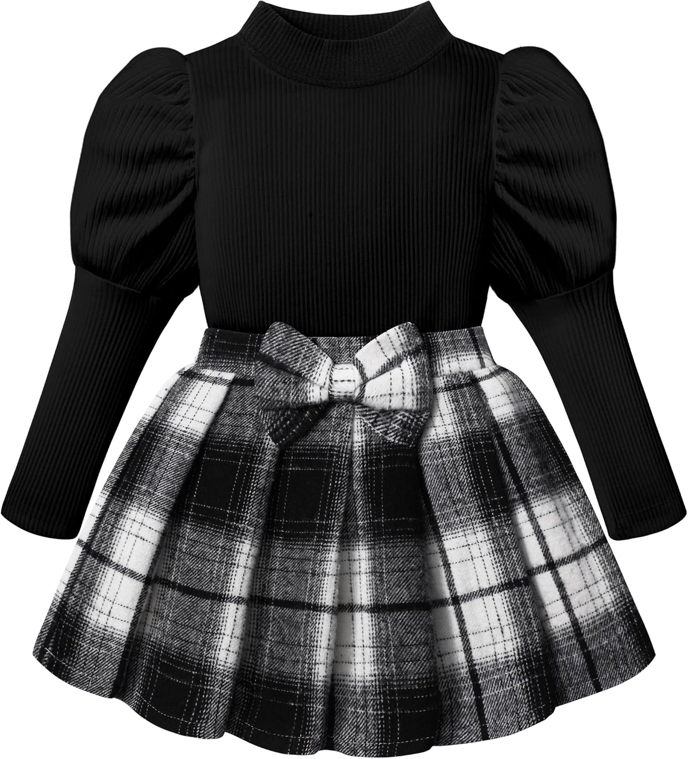 Little Girls Clothes, Toddler Girl Fall Winter Clothes Cute Puff Sleeve Tops + Bow Pleated Skirt Girls’ Clothing Sets