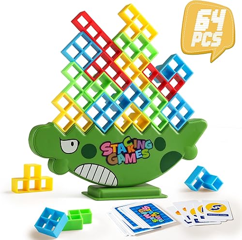 Juego de 64 bloques apilables de torre Tetra, juegos de mesa para familias, fiestas, viajes y construcción de equipos, adecuado para más de 2