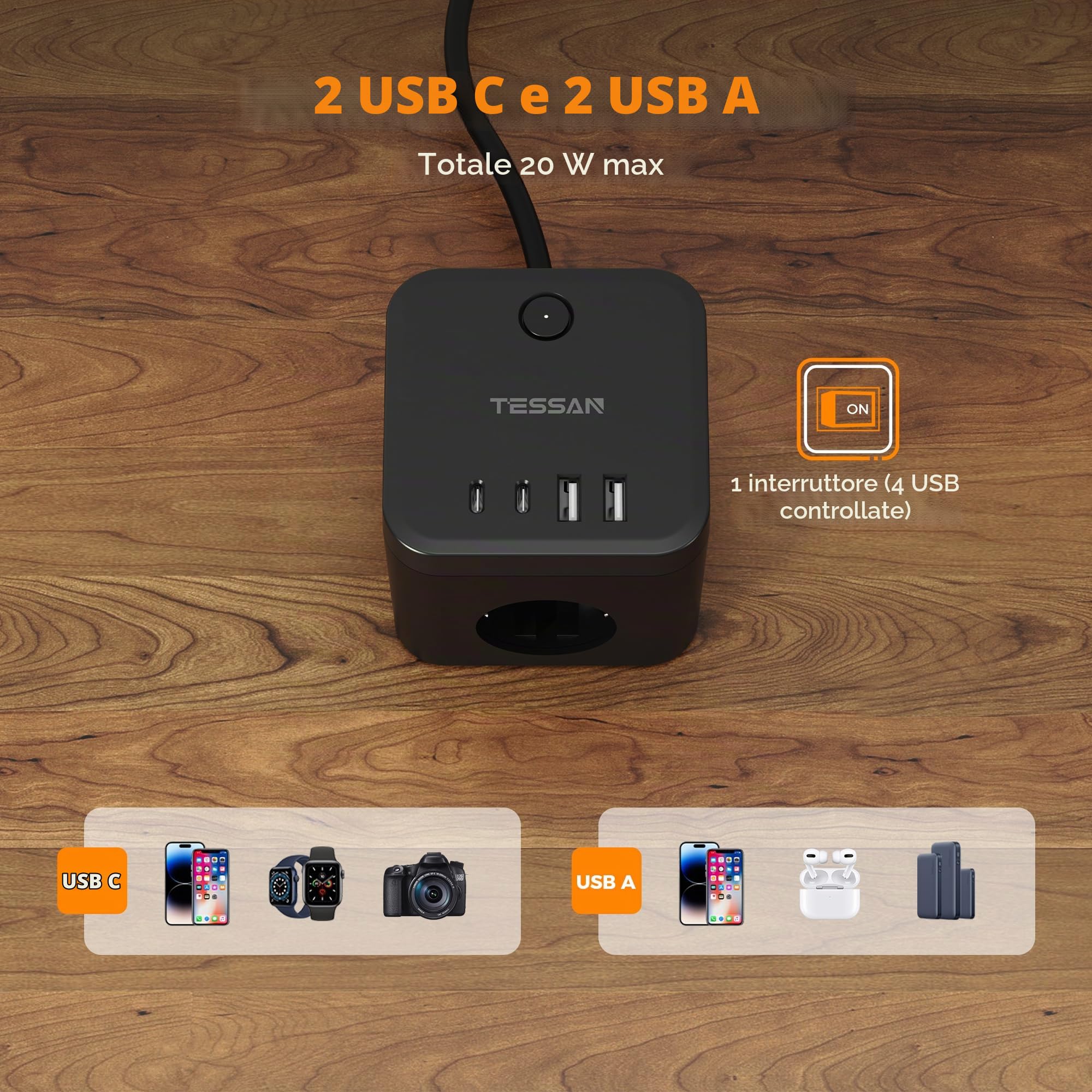 TESSAN Presa Multipla con Prolunga Elettrica 5 M, Ciabatta Multipresa con USB C PD 20W Ricarica Rapida, 3 AC Ciabatta Elettrica Cubo con 4 USB e Interruttore, Multipresa Salvaspazio, Nero, 3680W